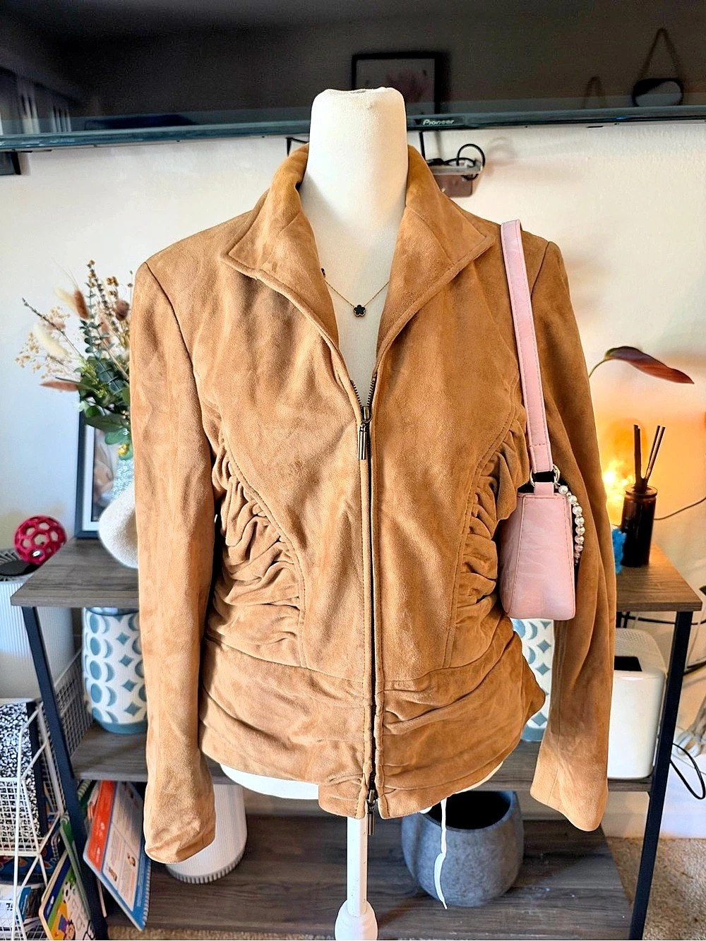 Vintage Anne Klein New York 100% Suede Ruched Double Zip Jacket - PL